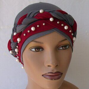 Grey/Burgundy Instant Turban Trendy Cap Braided Pearl Bead Fashion  Headcover